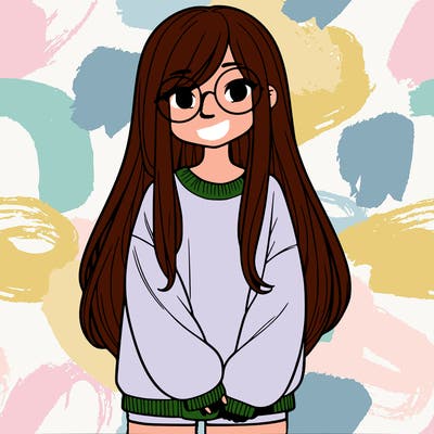 a girl with long straight hair wearing a long sweatshirt smiling and wearing glasses