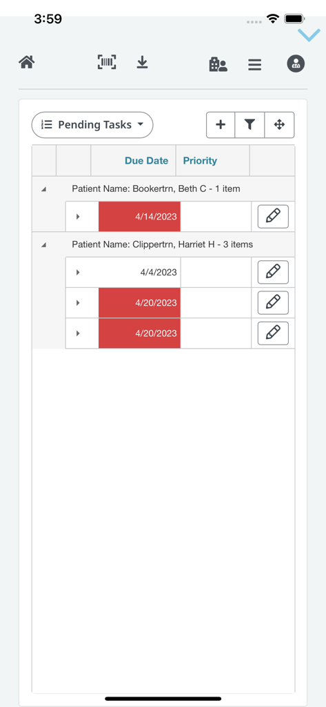 Elekta ONE | Smart View - Mobile application interface displaying a list of pending medical tasks for oncology patients