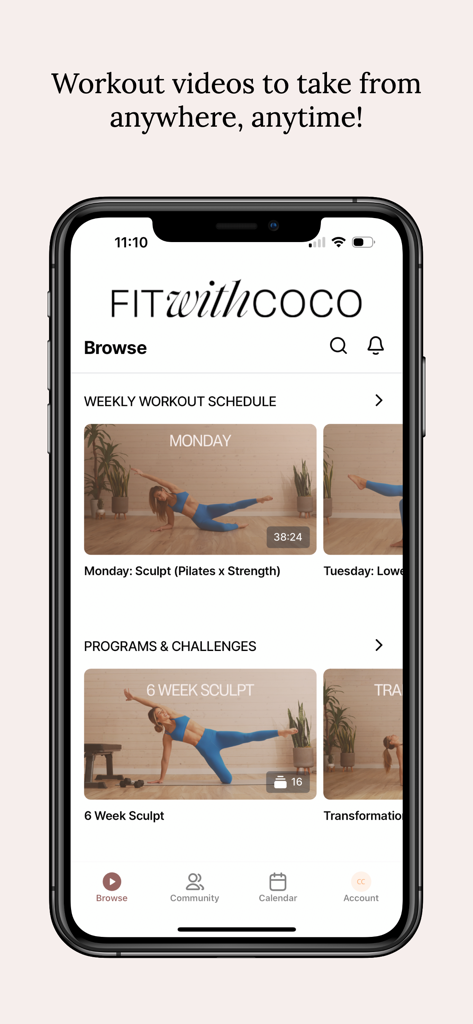 Fit with Coco - Die Benutzeroberfläche der Fit with Coco App, die wöchentliche Trainingspläne und 6-Wochen-Sculpt-Programme anzeigt