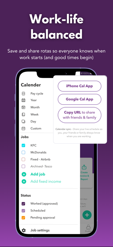 wac - shift & earnings tracker - Wac app calendar screen showing multiple job tracking and options to sync shifts with iPhone and Google calendars