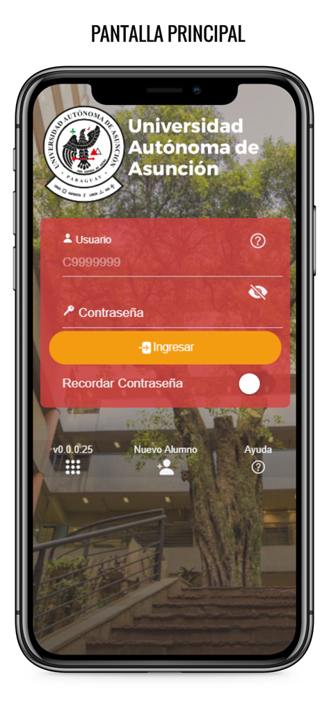 Login screen of the UaApp university mobile application showing username and password fields