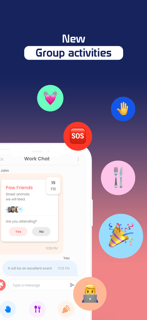 Findup: Phone Location Tracker - Interfaz de la aplicación Findup que muestra actividades grupales y función de chat para coordinar eventos con amigos y familiares
