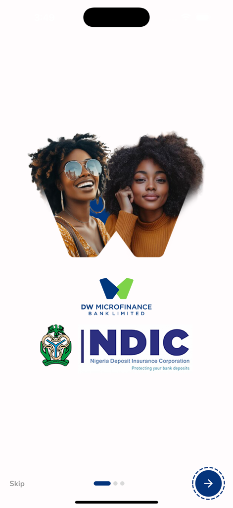 DW MFB - Welcome screen of the DW MFB app featuring two smiling women and the NDIC logo