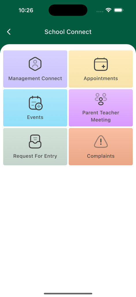 iCue Parent - Panel de control de la aplicación iCue Parent que muestra el menú School Connect con opciones de gestión, citas y eventos