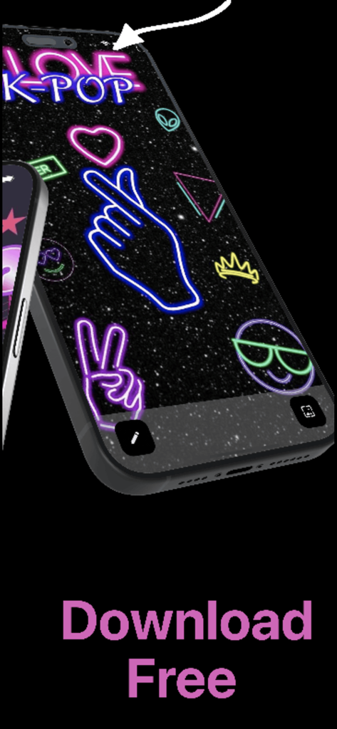 Un smartphone montrant un fond d'écran K-pop néon avec un geste de cœur avec les doigts et un fond étoilé