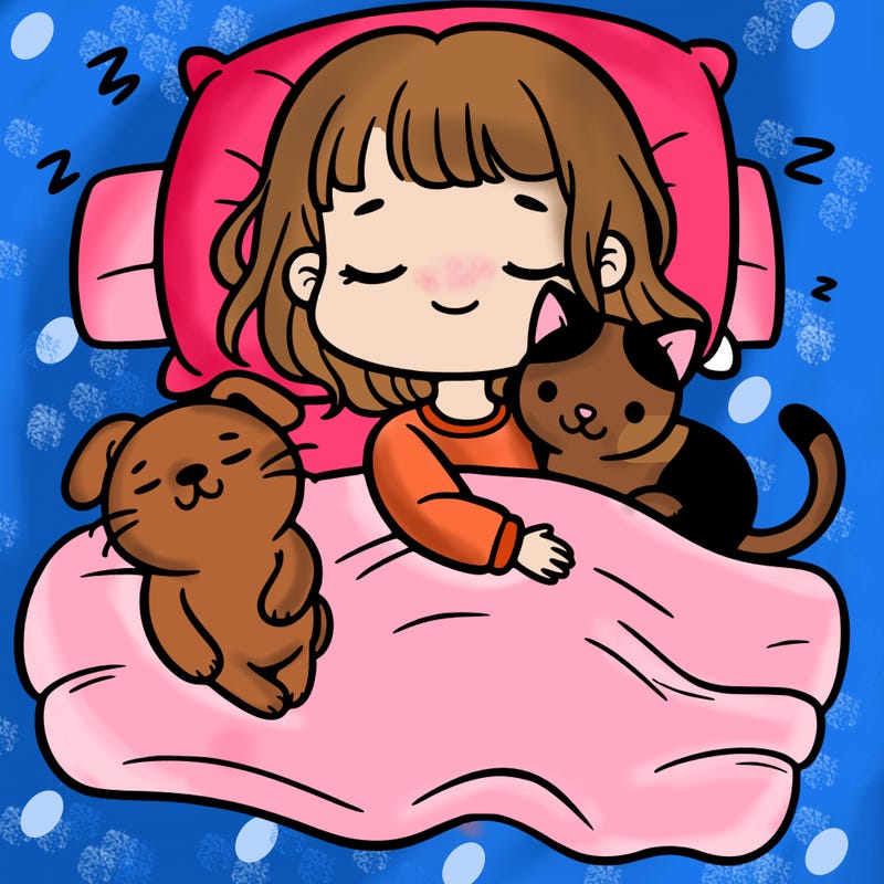 a girl sleeping with a cat and a dog