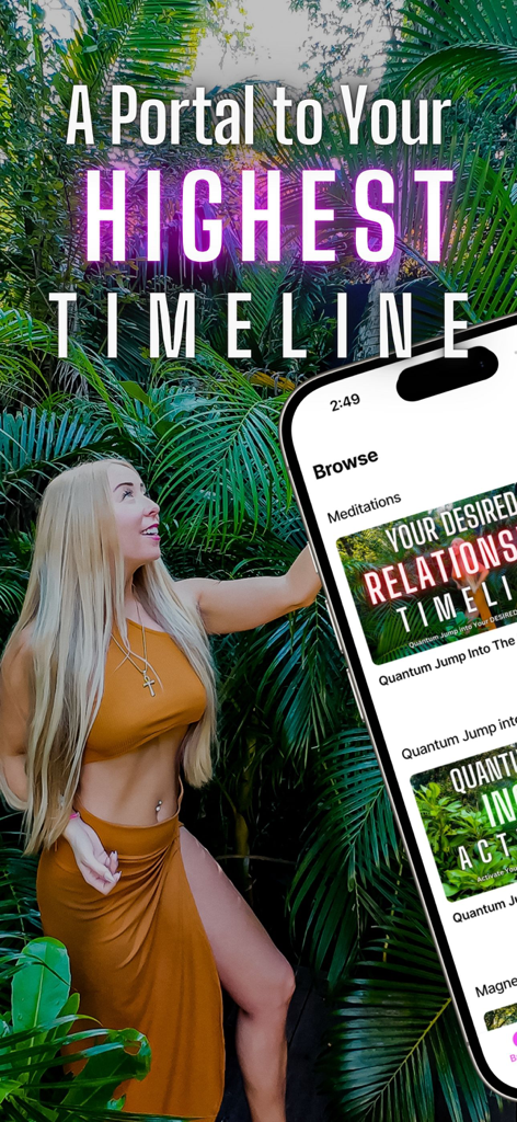 Highest Timeline - A woman in a tropical setting next to a smartphone showing the Highest Timeline app interface.
