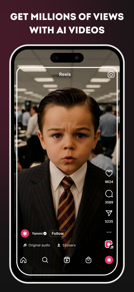 Smartphone-Bildschirm, der ein virales, von KI generiertes Video eines Jungen im Anzug in einem Social-Media-Feed anzeigt