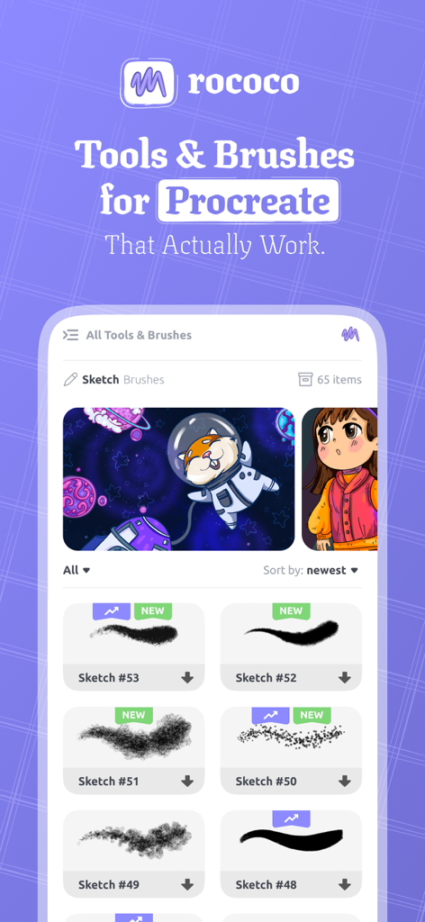 Tools & Brushes for Procreate - Interfaz de la aplicación Rococo que muestra una biblioteca de pinceles de boceto y vistas previas de ilustración digital para Procreate