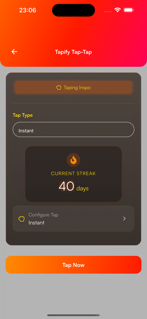 Interface do aplicativo Tapify exibindo uma sequência atual de quarenta dias e configuração do tipo de toque