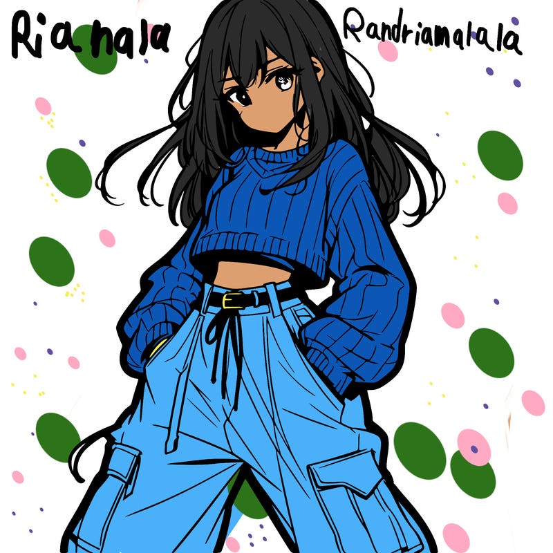 anime teen girl with baggy pants and crop top with sweater