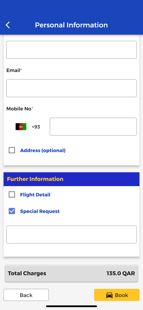 Booking form screen showing personal information fields and special requests for a car rental