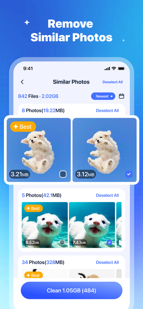 A screen from the Fast Cleaner app showing the removal of similar photos to free up storage space.
