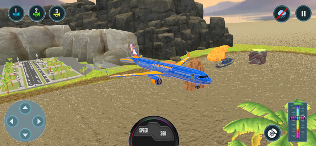 Airplane Fly Simulator Game 3D - Ein Passagierflugzeug, das in einem Flugsimulator-Handyspiel über eine 3D-Landschaft fliegt