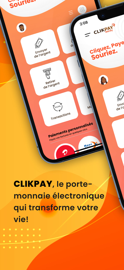 Deux smartphones affichant l'interface de l'application CLIKPAY Money avec des options pour envoyer et retirer de l'argent