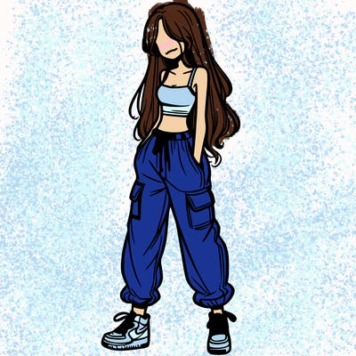 girl in baggy pants crop top and long hair