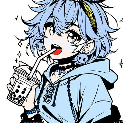 hot baddie anime girl drinking boba and biting the straw
