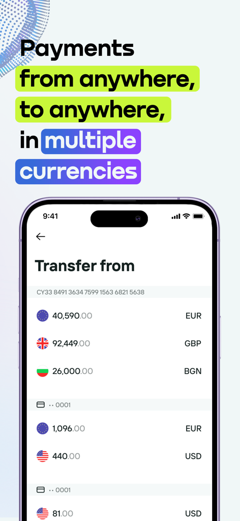 Unlimit - Interfaz de la aplicación Unlimit mostrando saldos en EUR GBP BGN y USD para pagos globales