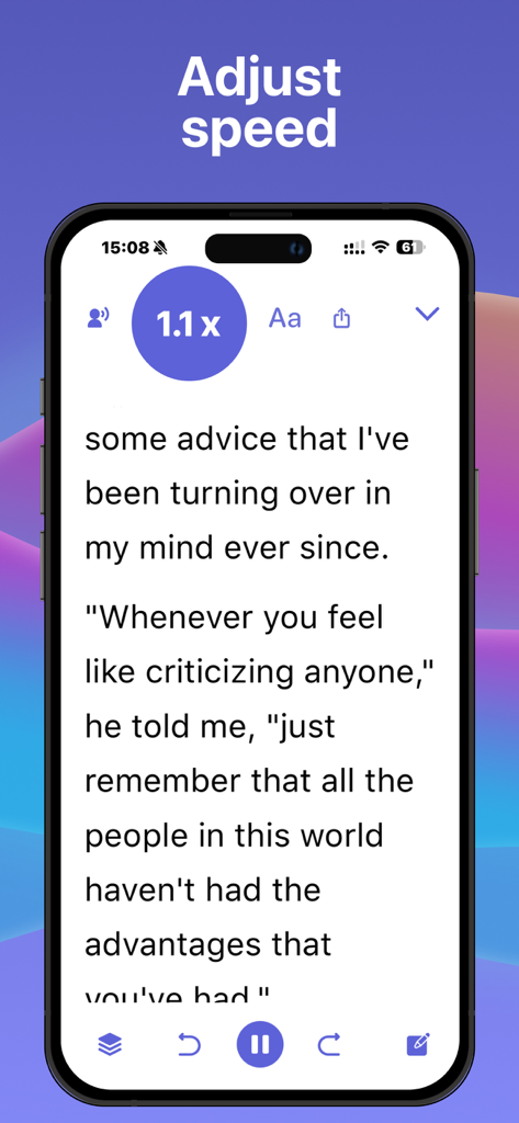 Synthy: Read aloud Text, Docs - Synthy app interface showing the adjustable reading speed feature with text from a book being read aloud