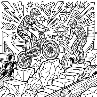 Gear up for an exciting coloring adventure with our Pop Art Trials Riders design, featuring daring athletes mastering challenging obstacles. This vibrant template blends extreme sports action with a bold artistic style, perfect for unleashing your inner artist.