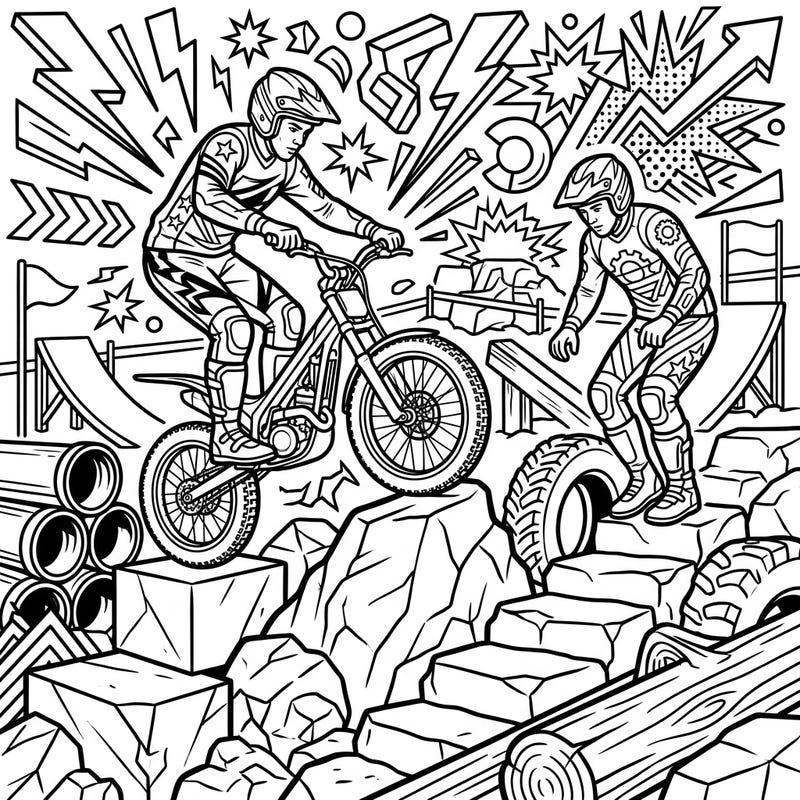 Gear up for an exciting coloring adventure with our Pop Art Trials Riders design, featuring daring athletes mastering challenging obstacles. This vibrant template blends extreme sports action with a bold artistic style, perfect for unleashing your inner artist.