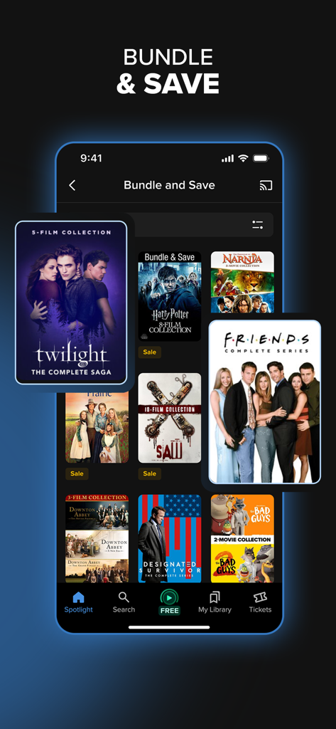 A mobile screenshot of the Fandango at Home app showing bundle and save deals for movie collections and TV series.