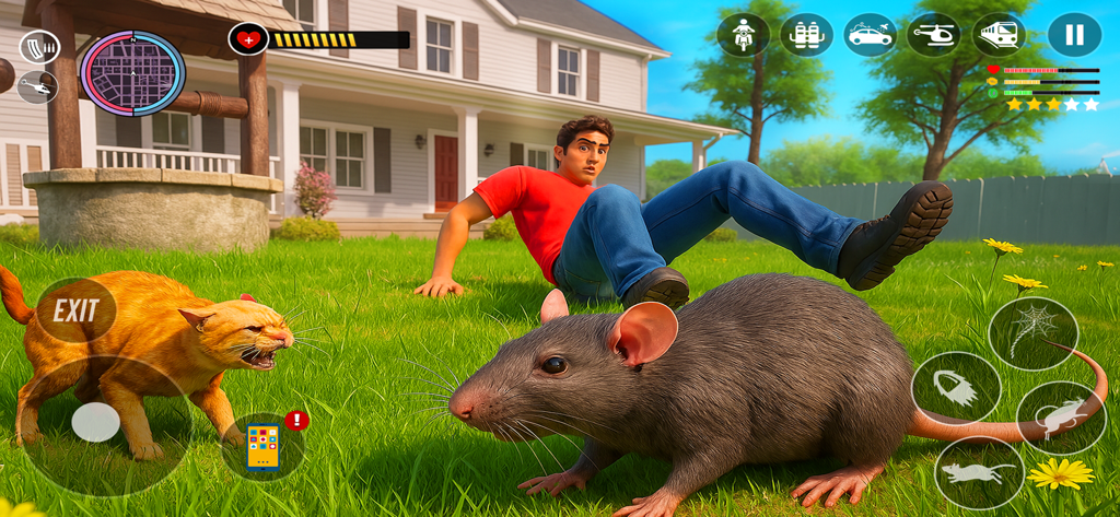 Rat Simulator: City Mafia - A large rat stands on a suburban lawn facing a hissing cat while a man falls in shock
