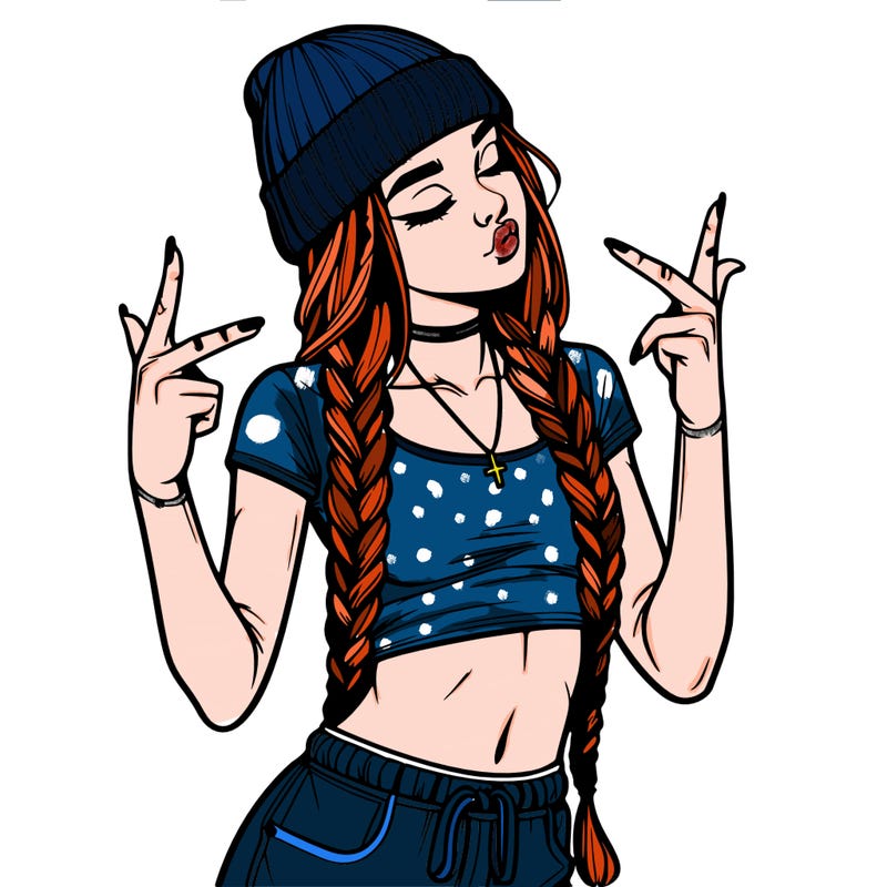 realistic teenage girl with braids and a beanie and crop top doing 🫶🏼
