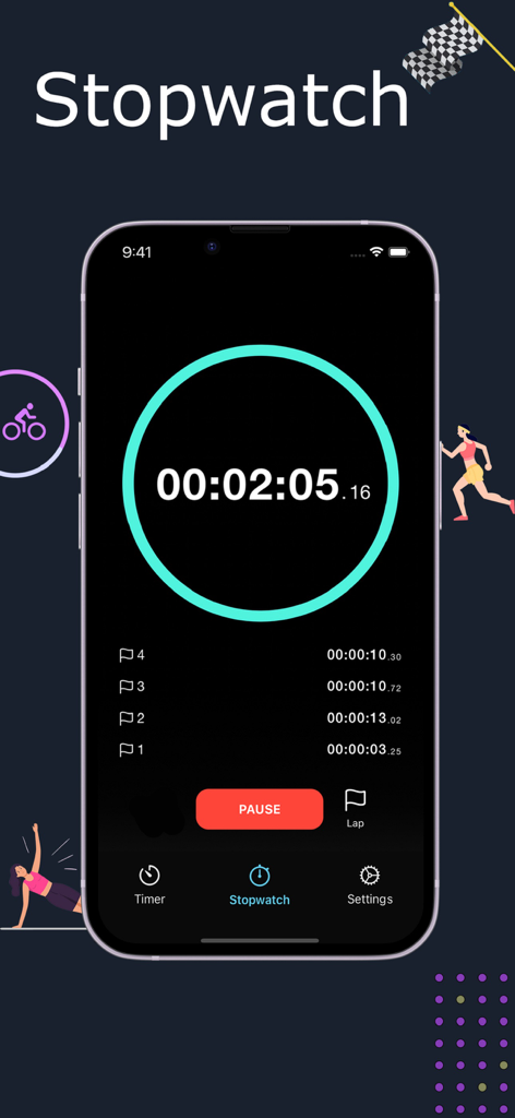 Timer Stopwatch App - Stopwatch interface of the Timer Stopwatch App showing lap times and circular progress bar in dark mode