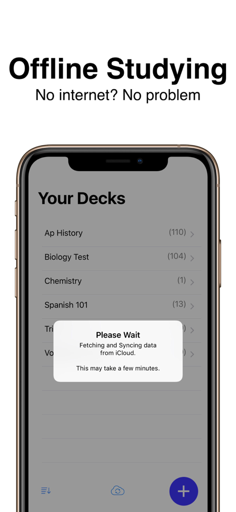 Flash Cards Flashcards Maker - Interface do aplicativo Flashcards Maker mostrando decks de estudo e um pop-up de sincronização iCloud.