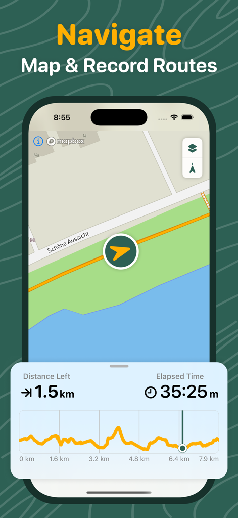 Loop Maps My Run Route Planner - Loop Maps app navigation interface showing a route on a map and an elevation profile with distance remaining.