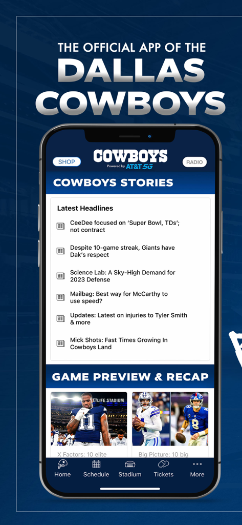Official Dallas Cowboys mobile app showing latest news headlines and game preview sections