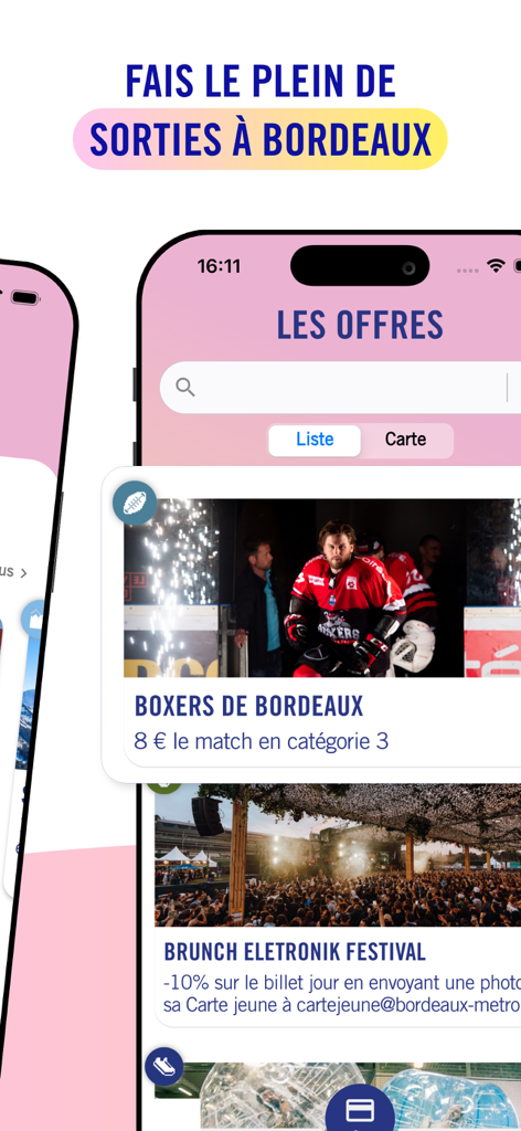 Carte jeune - カルテ・ジューヌアプリ画面、ボルドーの地元イベント割引やオファーを表示