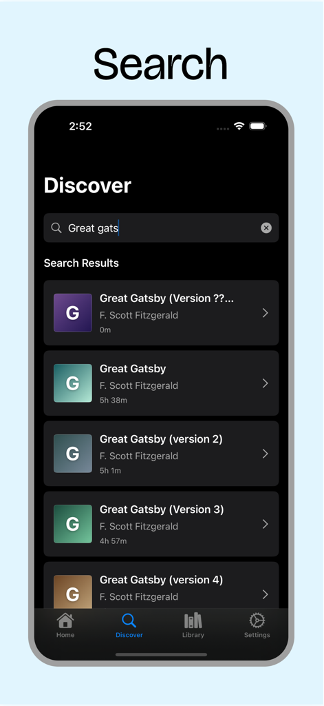 LibriVox! - Buscando El Gran Gatsby en la pestaña de descubrimiento de la aplicación de audiolibros LibriVox