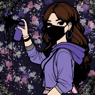 realistic girl with mask spray painting a wall