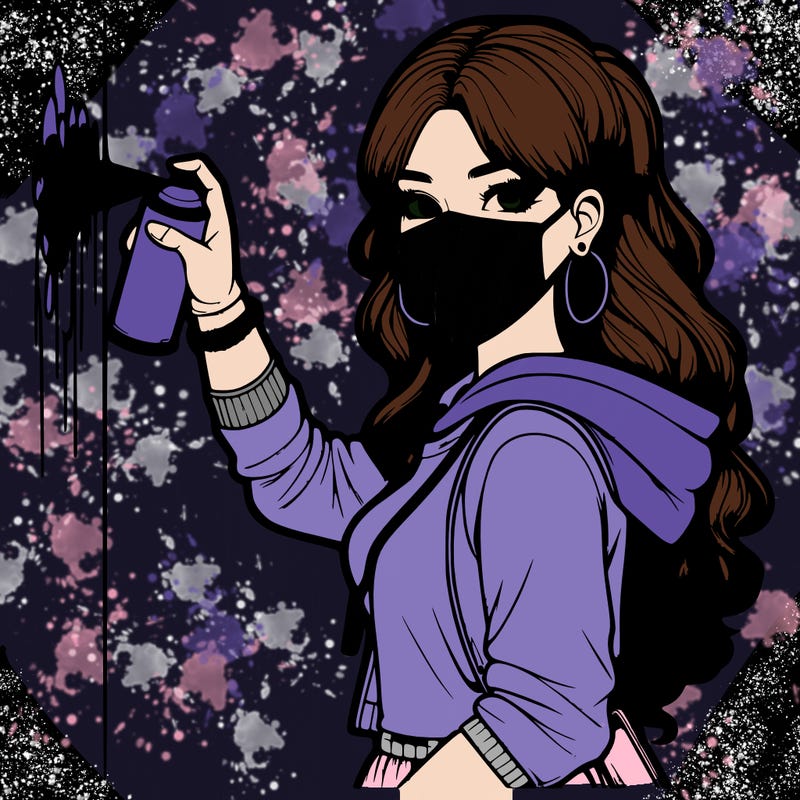 realistic girl with mask spray painting a wall