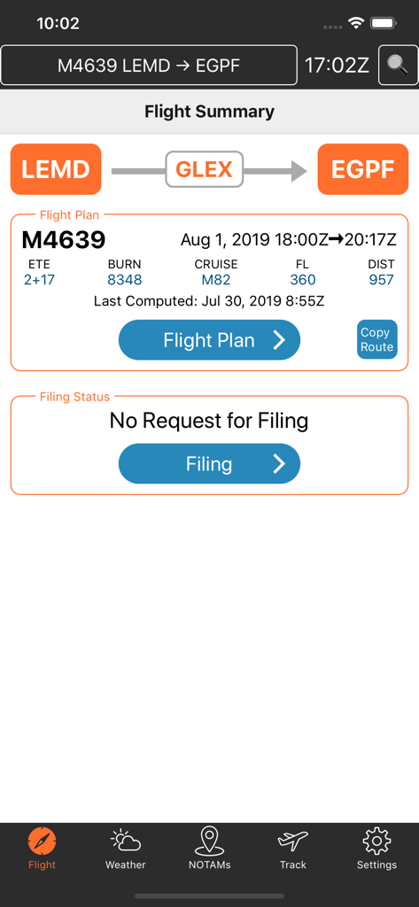 ARINCDirect Mini flight summary screen showing flight details from LEMD to EGPF including aircraft type and cruise altitude.