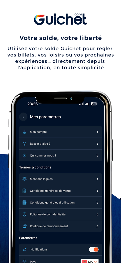 Guichet - Settings screen of the Guichet ticketing app displaying account information and help options.