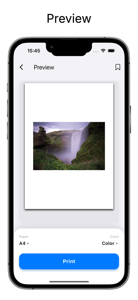 PrintStream: WiFi Printer App - Print preview screen in PrintStream app showing a landscape photo and print options