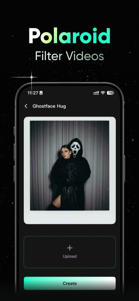Guma-Ai mobile app interface showing a polaroid filter video template with a ghostface hug theme