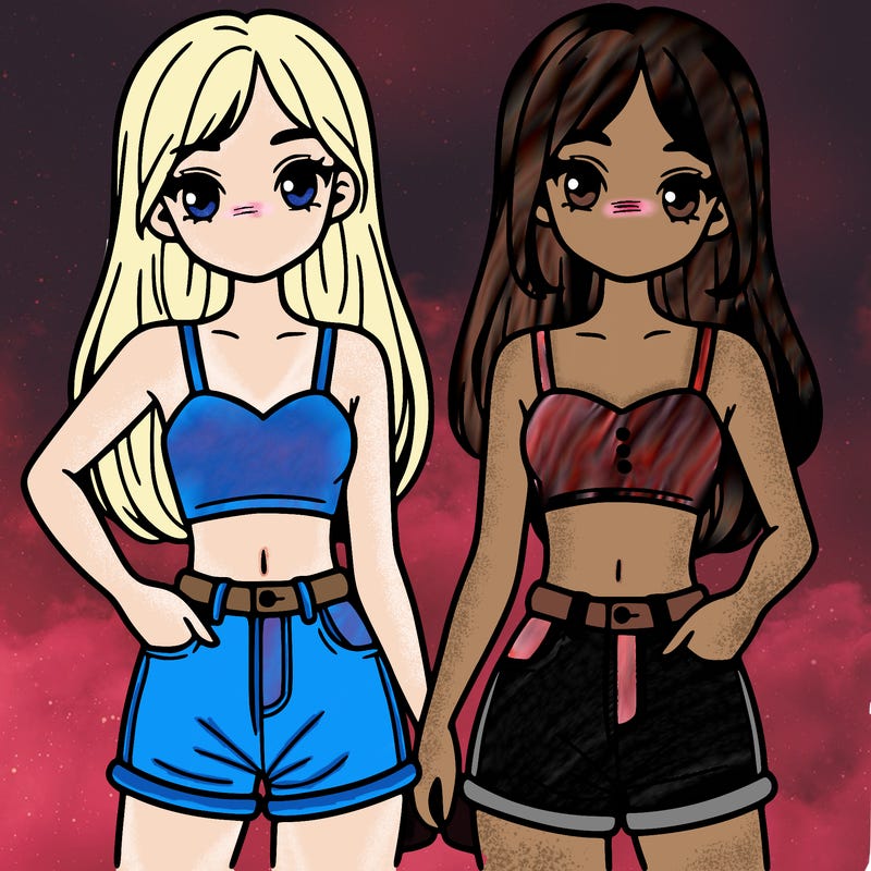 two sisters with crop tops and jean shorts and straight hair