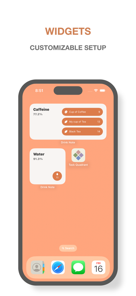 Drink Note – Water Tracker - Drink Note에서 카페인 및 물 섭취량 수준 추적을 위한 사용자 정의 가능한 위젯을 보여주는 iPhone 홈 화면.