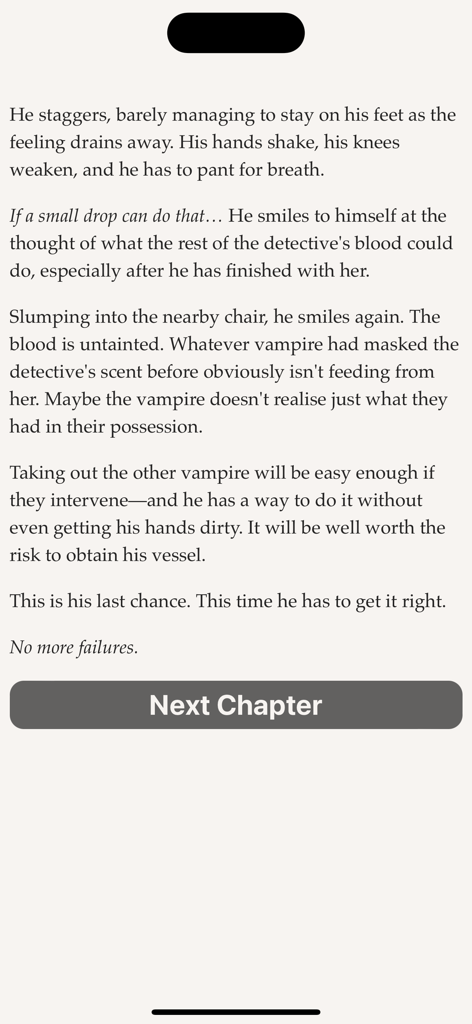 A page from the interactive novel Wayhaven Chronicles Book One showing story text and a Next Chapter button.