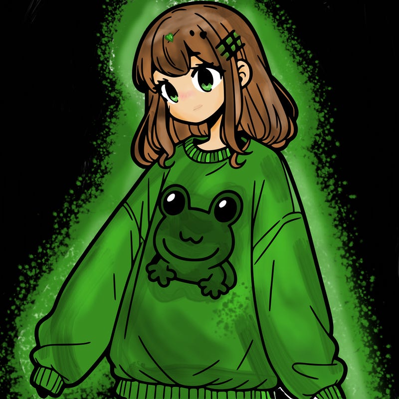 girl wearing frogging sweatshirt