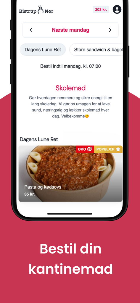 Bistrup & Nør - Bistrup and Nor mobile app interface showing a pasta dish and lunch ordering options