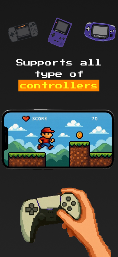 GamePod Emu screenshot showing support for external game controllers with pixel art visuals