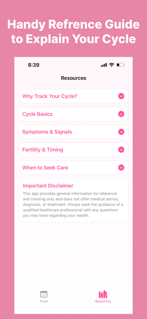 Period Calendar Cycle Tracker - Pantalla de recursos educativos en la aplicación Calendario Menstrual Rastreador de Ciclo con guías sobre los conceptos básicos del ciclo y la fertilidad.