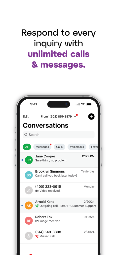 Grasshopper app conversations screen showing a list of business calls and text messages on an iPhone