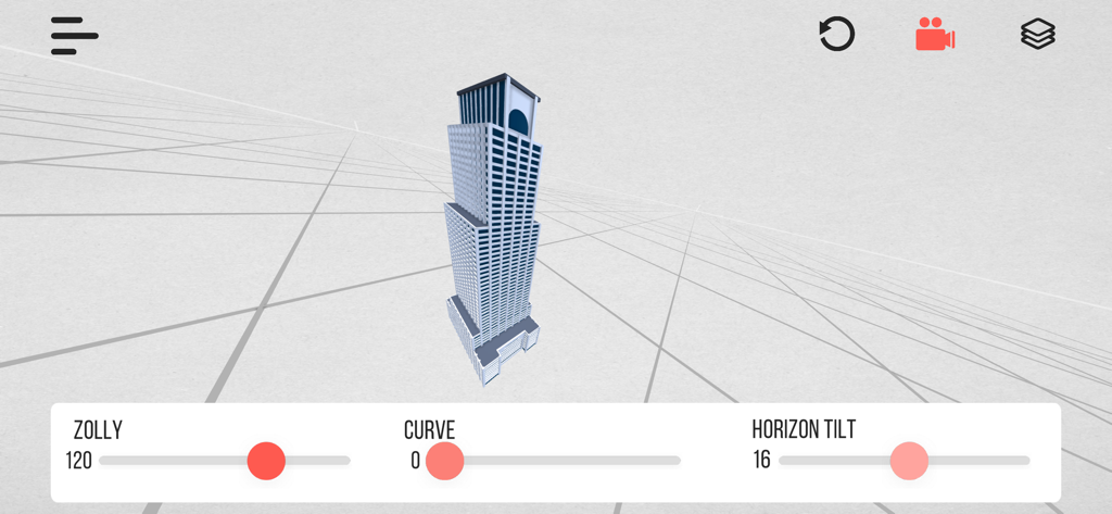 Zolly - Perspective Models - Oberfläche der Zolly-App, die einen 3D-Wolkenkratzer auf einem Perspektivgitter mit Kamerasteuerungen für Verzerrung und Horizontneigung zeigt