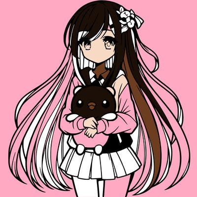 a girl with long hair holding a plushie also anime styled